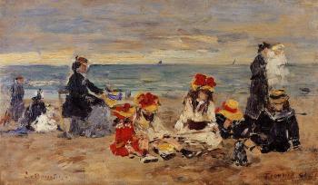 尤金 佈丹 Woman and Children on the Beach at Trouville